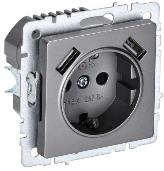 IEK BRITE Розетка 1-местная с заземлением с защитными шторками 16А с USB A+A 5В 2,1А РЮш10-1-БрС сталь IEK, BR-R14-16-U21-D21-K46