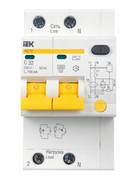 IEK KARAT Дифференциальный автомат АД12 2P 32А 100мА тип AC IEK, MAD10-2-032-C-100