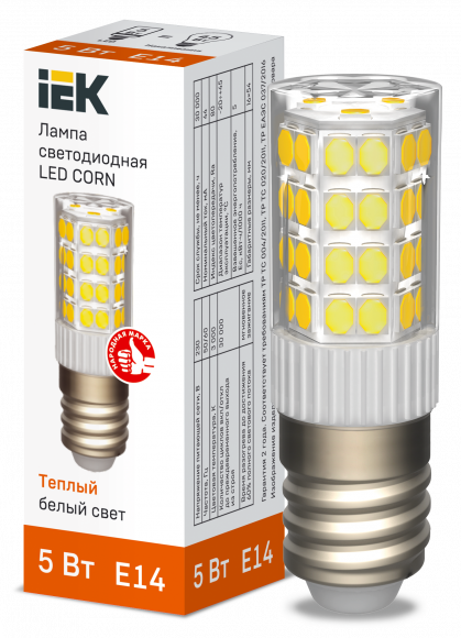 IEK Лампа светодиодная CORN капсула 5Вт 230В 3000К керамика E14 IEK, LLE-CORN-5-230-30-E14