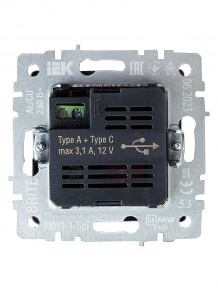 IEK BRITE Розетка USB A+C 18Вт РЮ11-1-БрГ графит IEK, BR-U22-018-K53