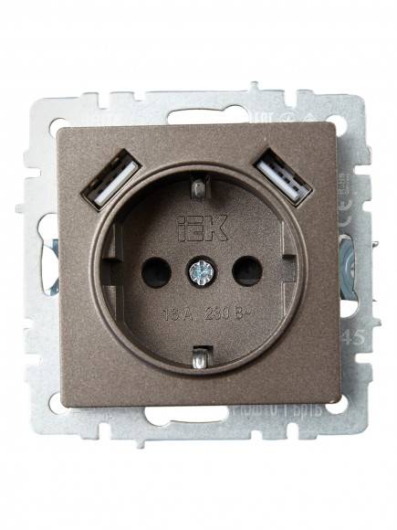IEK BRITE Розетка 1-местная с заземлением с защитными шторками 16А с USB A+A 5В 2,1А РЮш10-1-БрТБ темная бронза , BR-R14-16-U21-D21-K45