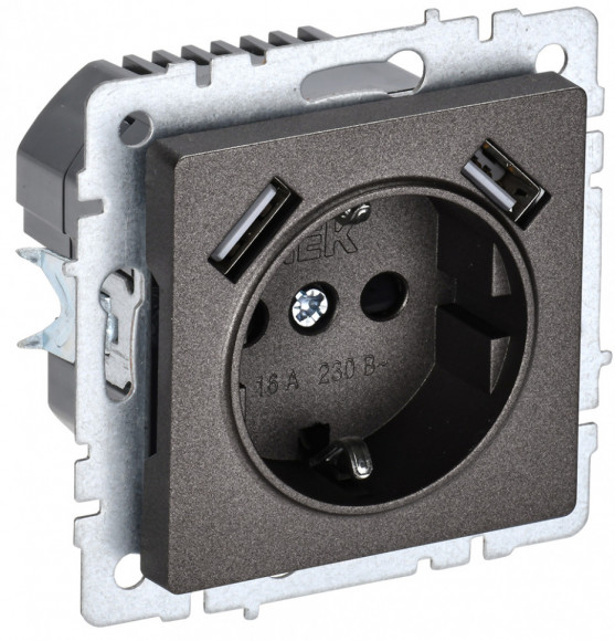 IEK BRITE Розетка 1-местная с заземлением с защитными шторками 16А с USB A+A 5В 2,1А РЮш10-1-БрТБ темная бронза IEK, BR-R14-16-U21-D21-K45