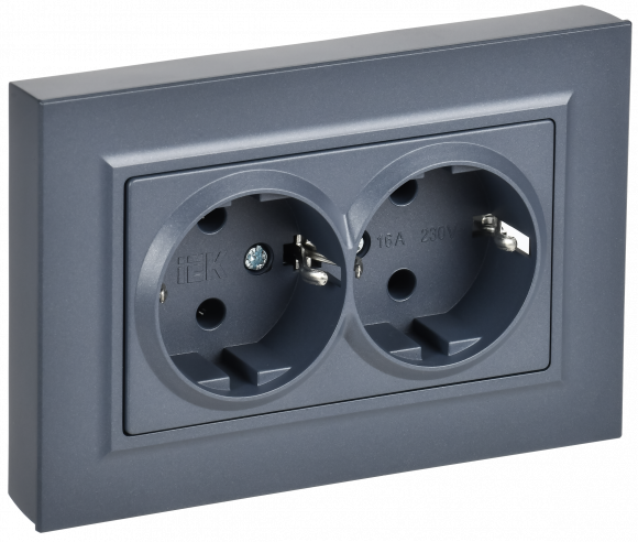 IEK BRITE Розетка 2-местная с заземлением без защитных шторок плоская 16А в сборе РСПл12-3-БрМ маренго , BR-R27-16-K35-F