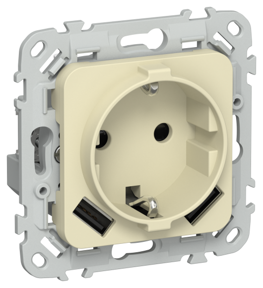 IEK FLITE Розетка 1-местная с заземлением с защитными шторками 16А с USB A+A 3,1А РСЮша11-0-ФлН навахо IEK, FI-R14-16-U21-D31-K87