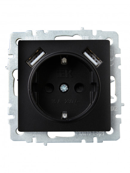 IEK BRITE Розетка 1-местная с заземлением с защитными шторками 16А с USB A+A 5В 2,1А РЮш10-1-БрЧ черный , BR-R14-16-U21-D21-K02
