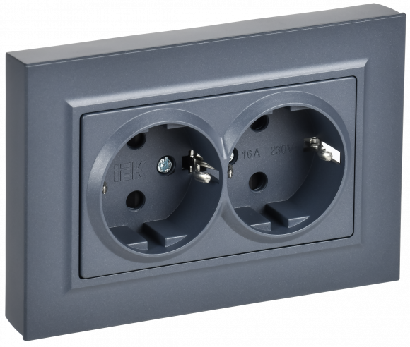 IEK BRITE Розетка 2-местная с заземлением с защитными шторками плоская 16А в сборе РСшПл12-3-БрМ маренго , BR-R28-16-K35-F