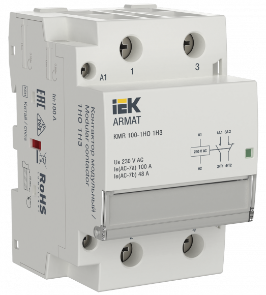IEK ARMAT Контактор модульный KMR 100А 230В AC 1НО 1НЗ IEK, AR-KMR10-100-11-230