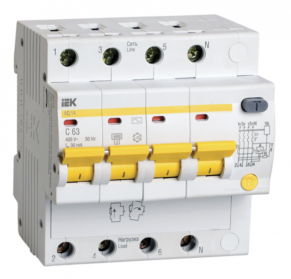 IEK KARAT Дифференциальный автомат АД14 4P 63А 30мА тип AC IEK, MAD10-4-063-C-030