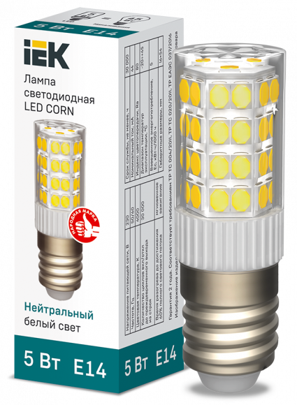 IEK Лампа светодиодная CORN капсула 5Вт 230В 4000К керамика E14 IEK, LLE-CORN-5-230-40-E14