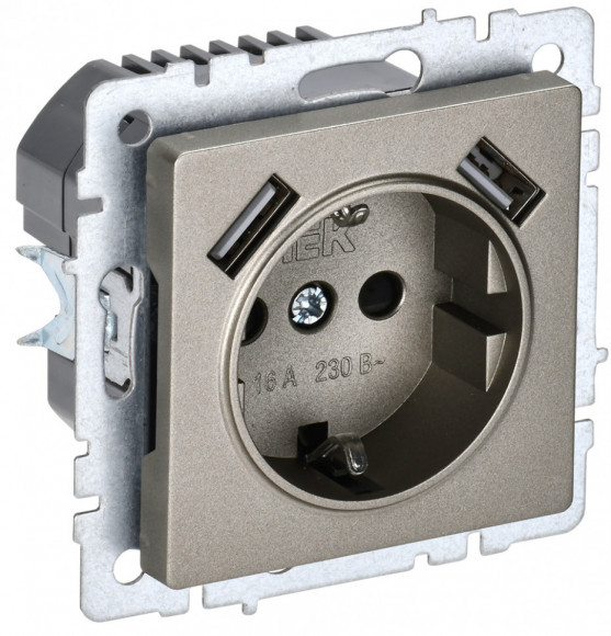 IEK BRITE Розетка 1-местная с заземлением с защитными шторками 16А с USB A+A 5В 2,1А РЮш10-1-БрШ шампань IEK, BR-R14-16-U21-D21-K37