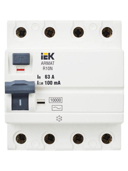 IEK ARMAT Выключатель дифференциального тока R10N 4P 63А 100мА тип AC IEK, AR-R10N-4-063C100