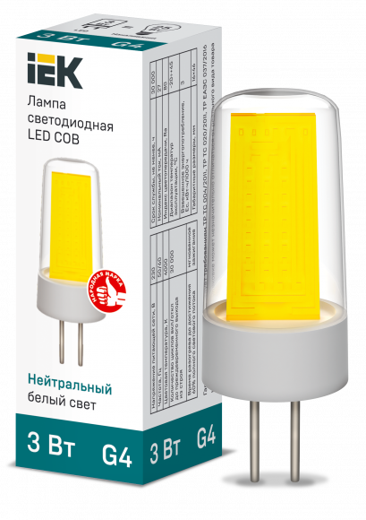 IEK Лампа светодиодная COB капсула 3Вт 230В 4000К керамика G4 IEK, LLE-COB-3-230-40-G4