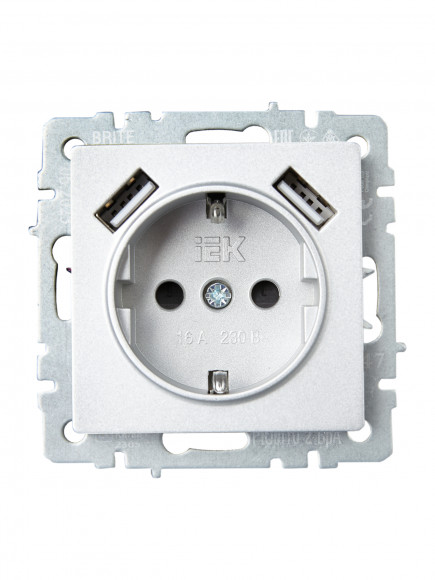 IEK BRITE Розетка 1-местная с заземлением с защитными шторками 16А с USB A+A 5В 3,1А РЮш10-2-БрА алюминий , BR-R14-16-U21-D31-K47