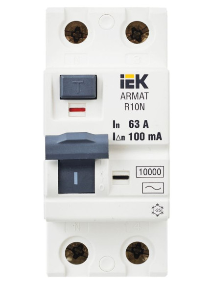 IEK ARMAT Выключатель дифференциального тока R10N 2P 63А 100мА тип AC IEK, AR-R10N-2-063C100