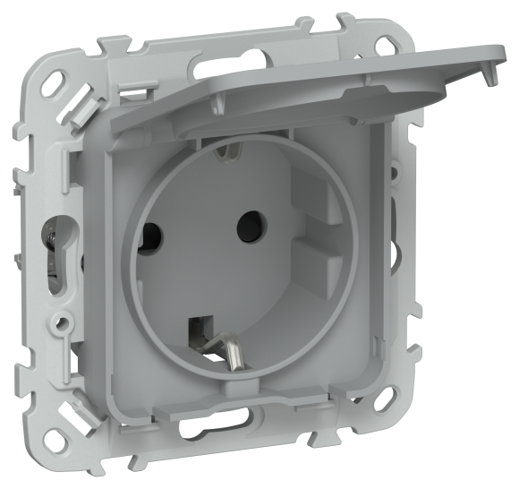 IEK FLITE Розетка с заземлением с защитными шторками и крышкой безвинтовое крепление 16А IP44 РСшкр11-1-44-ФлС серый IEK, FI-R16-16-1-44-K03