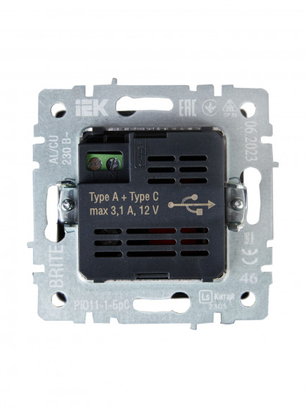 IEK BRITE Розетка USB A+C 18Вт РЮ11-1-БрС сталь IEK, BR-U22-018-K46