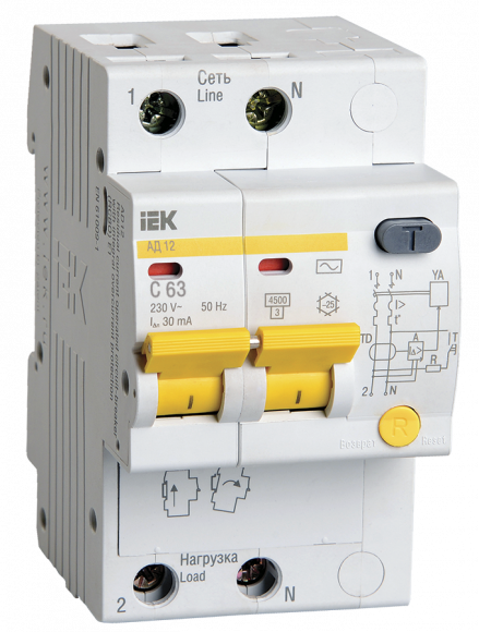IEK KARAT Дифференциальный автомат АД12 2P 63А 30мА тип AC IEK, MAD10-2-063-C-030