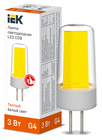 IEK Лампа светодиодная COB капсула 3Вт 230В 3000К керамика G4 IEK, LLE-COB-3-230-30-G4