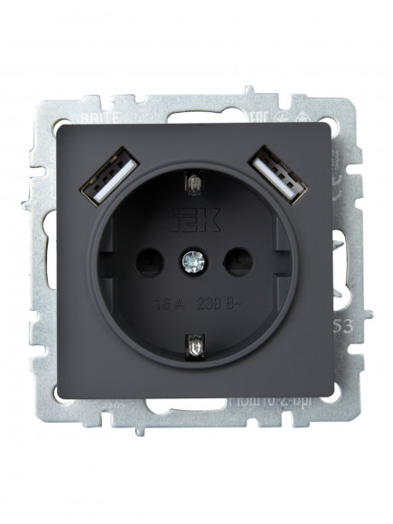IEK BRITE Розетка 1-местная с заземлением с защитными шторками 16А с USB A+A 5В 3,1А РЮш10-2-БрГ графит , BR-R14-16-U21-D31-K53