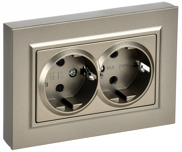 IEK BRITE Розетка 2-местная с заземлением с защитными шторками плоская 16А в сборе РСшПл12-3-БрШ шампань , BR-R28-16-K37-F