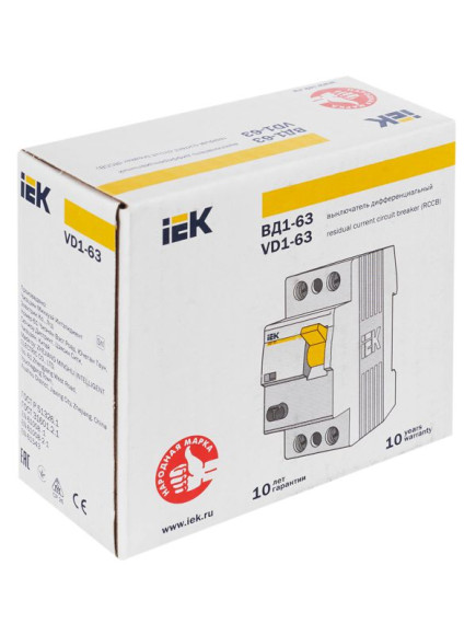 IEK Выключатель дифференциальный (УЗО) ВД1-63 2Р 63А 100мА IEK, MDV10-2-063-100