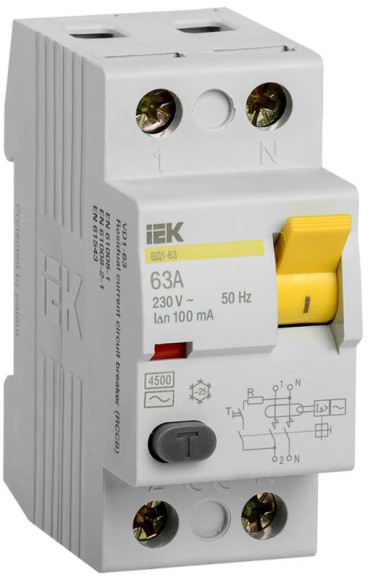IEK Выключатель дифференциальный (УЗО) ВД1-63 2Р 63А 100мА IEK, MDV10-2-063-100