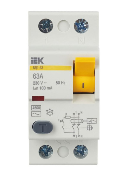 IEK Выключатель дифференциальный (УЗО) ВД1-63 2Р 63А 100мА IEK, MDV10-2-063-100