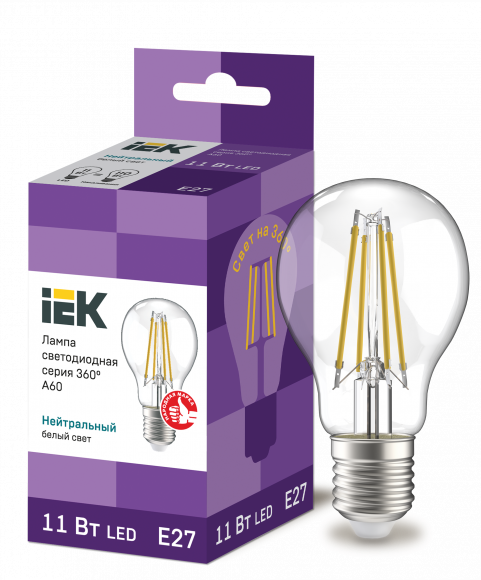 IEK Лампа светодиодная A60 груша прозрачная 11Вт 230В 4000К E27 серия 360° IEK, LLF-A60-11-230-40-E27-CL