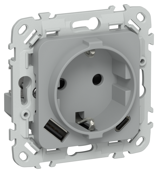 IEK FLITE Розетка 1-местная с заземлением с защитными шторками 16А с USB A+C 20Вт безвинтовое крепление РСЮшс11-1-ФлС серый IEK, FI-R14-16-1-U22-020-K03