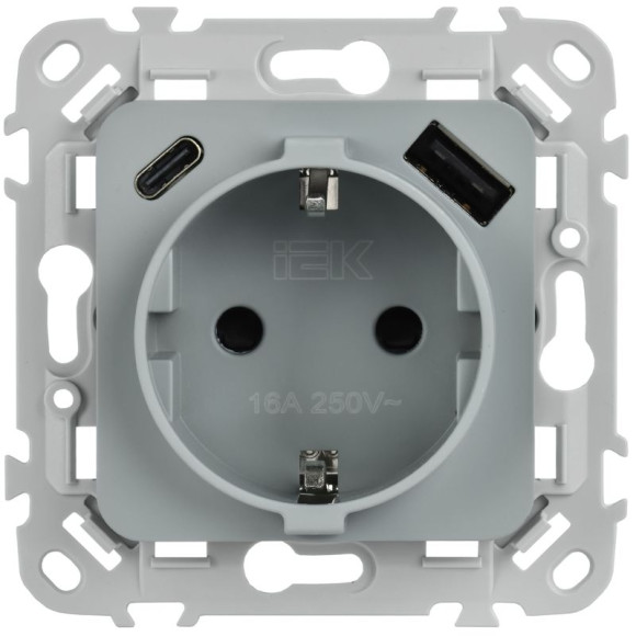 IEK FLITE Розетка 1-местная с заземлением с защитными шторками 16А с USB A+C 20Вт безвинтовое крепление РСЮшс11-1-ФлС серый IEK, FI-R14-16-1-U22-020-K03