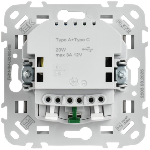 IEK FLITE Розетка 1-местная с заземлением с защитными шторками 16А с USB A+C 20Вт безвинтовое крепление РСЮшс11-1-ФлС серый IEK, FI-R14-16-1-U22-020-K03