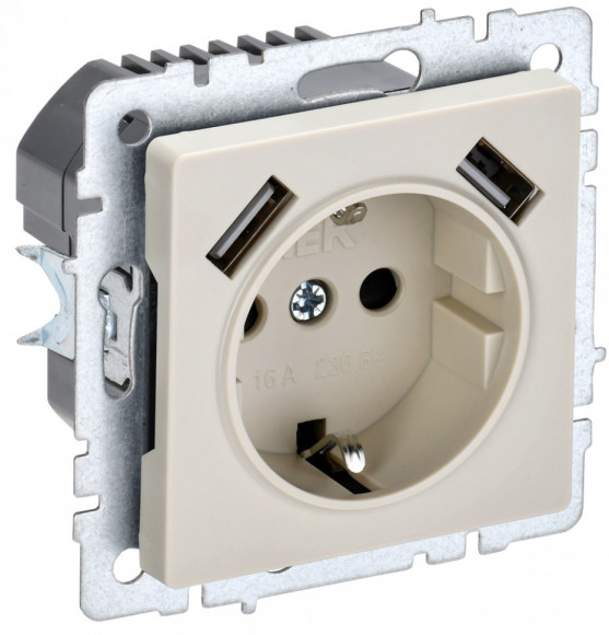 IEK BRITE Розетка 1-местная с заземлением с защитными шторками 16А с USB A+A 5В 3,1А РЮш10-2-БрКр бежевый IEK, BR-R14-16-U21-D31-K10