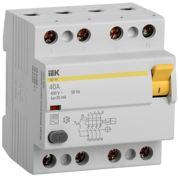 IEK Выключатель дифференциальный (УЗО) ВД1-63 4Р 40А 30мА IEK, MDV10-4-040-030