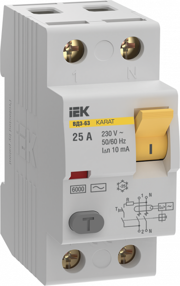 IEK Выключатель дифференциальный (УЗО) KARAT ВД3-63 2P 25А 10мА 6кА тип AC IEK, MDV20-2-025-010