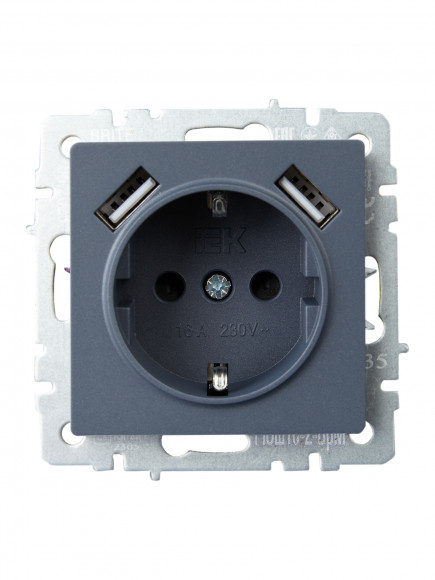 IEK BRITE Розетка 1-местная с заземлением с защитными шторками 16А с USB A+A 5В 3,1А РЮш10-2-БрМ маренго , BR-R14-16-U21-D31-K35