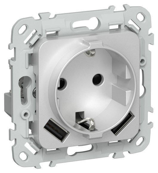 IEK FLITE Розетка 1-местная с заземлением с защитными шторками 16А с USB A+A 3,1А безвинтовое крепление РСЮша11-1-ФлА алюминий IEK, FI-R14-16-1-U21-D31-K47