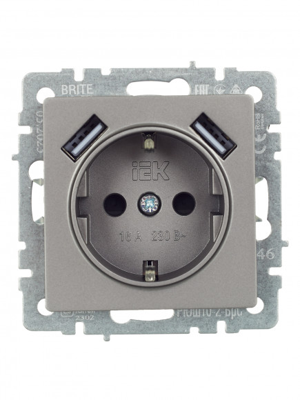 IEK BRITE Розетка 1-местная с заземлением с защитными шторками 16А с USB A+A 5В 3,1А РЮш10-2-БрС сталь , BR-R14-16-U21-D31-K46