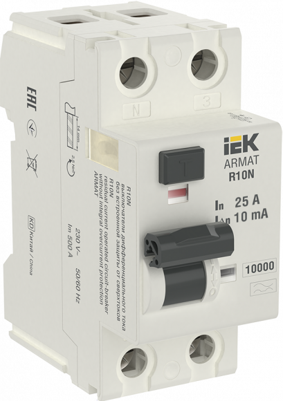 IEK ARMAT Выключатель дифференциального тока R10N 2P 25А 10мА тип A IEK, AR-R10N-2-025A010