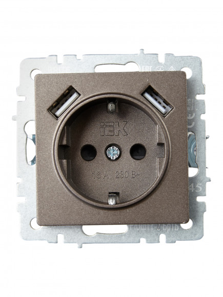 IEK BRITE Розетка 1-местная с заземлением с защитными шторками 16А с USB A+A 5В 3,1А РЮш10-2-БрТБ темная бронза , BR-R14-16-U21-D31-K45