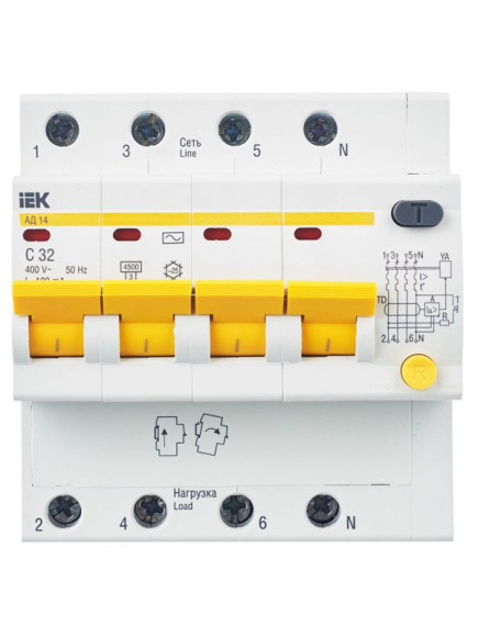 IEK KARAT Дифференциальный автомат АД14 4P 32А 100мА тип AC IEK, MAD10-4-032-C-100