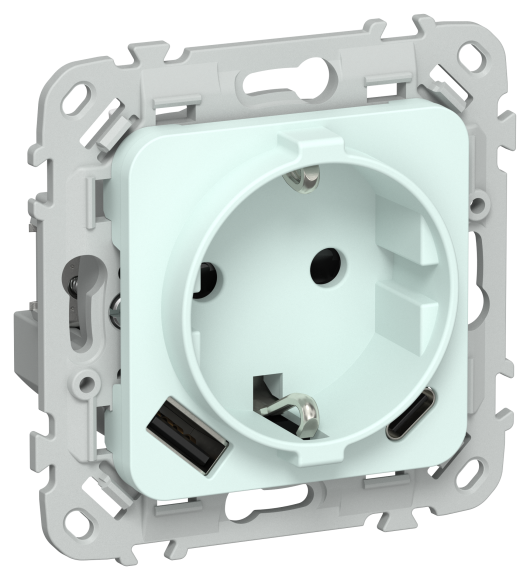 IEK FLITE Розетка 1-местная с заземлением с защитными шторками 16А с USB A+C 20Вт РСЮшс11-0-ФлХЛ холодный лед IEK, FI-R14-16-U22-020-K94