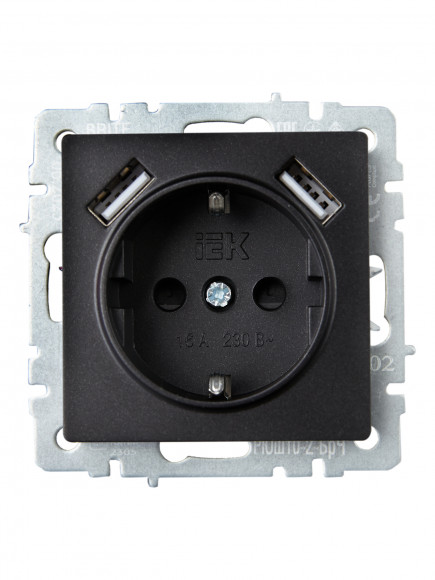 IEK BRITE Розетка 1-местная с заземлением с защитными шторками 16А с USB A+A 5В 3,1А РЮш10-2-БрЧ черный , BR-R14-16-U21-D31-K02