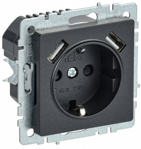IEK BRITE Розетка 1-местная с заземлением с защитными шторками 16А с USB A+A 5В 3,1А РЮш10-2-БрЧ черный IEK, BR-R14-16-U21-D31-K02