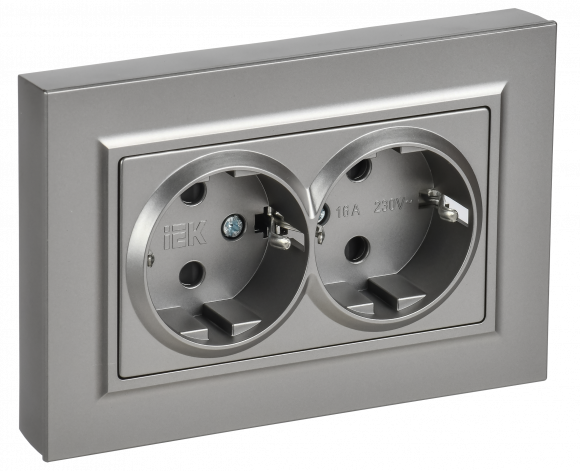 IEK BRITE Розетка 2-местная с заземлением с защитными шторками плоская 16А в сборе РСшПл12-3-БрС сталь , BR-R28-16-K46-F