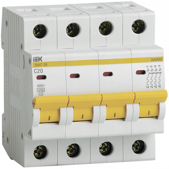 IEK KARAT Автоматический выключатель ВА47-29 4P C 20А 4,5кА IEK, MVA20-4-020-C