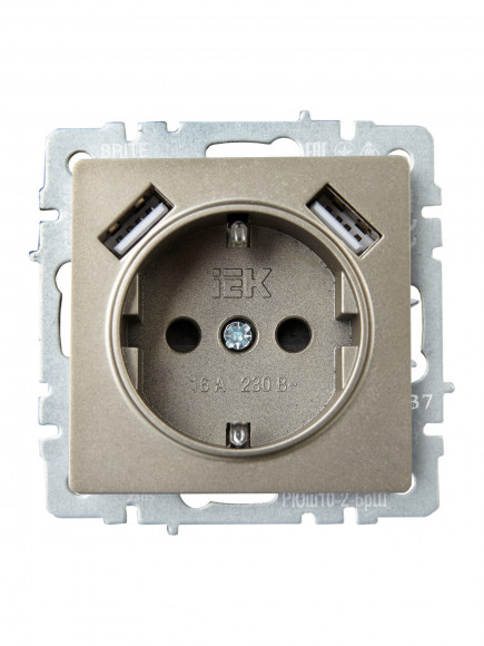 IEK BRITE Розетка 1-местная с заземлением с защитными шторками 16А с USB A+A 5В 3,1А РЮш10-2-БрШ шампань , BR-R14-16-U21-D31-K37