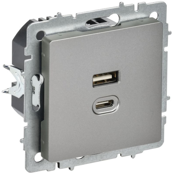 IEK BRITE Розетка USB A+C 45Вт высокоскоростная зарядка РЮ11-2-БрС сталь IEK, BR-U22-045-K46