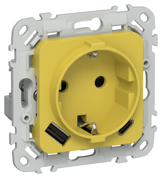 IEK FLITE Розетка 1-местная с заземлением с защитными шторками 16А с USB A+C 20Вт безвинтовое крепление РСЮшс11-1-ФлЖК желтый карри IEK, FI-R14-16-1-U22-020-K44