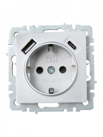 IEK BRITE Розетка 1-местная с заземлением с защитными шторками 16А с USB A+C 18Вт РЮш11-1-БрА алюминий , BR-R14-16-U22-018-K47