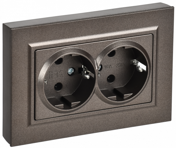 IEK BRITE Розетка 2-местная с заземлением без защитных шторок плоская 16А в сборе РСПл12-3-БрТБ темная бронза , BR-R27-16-K45-F